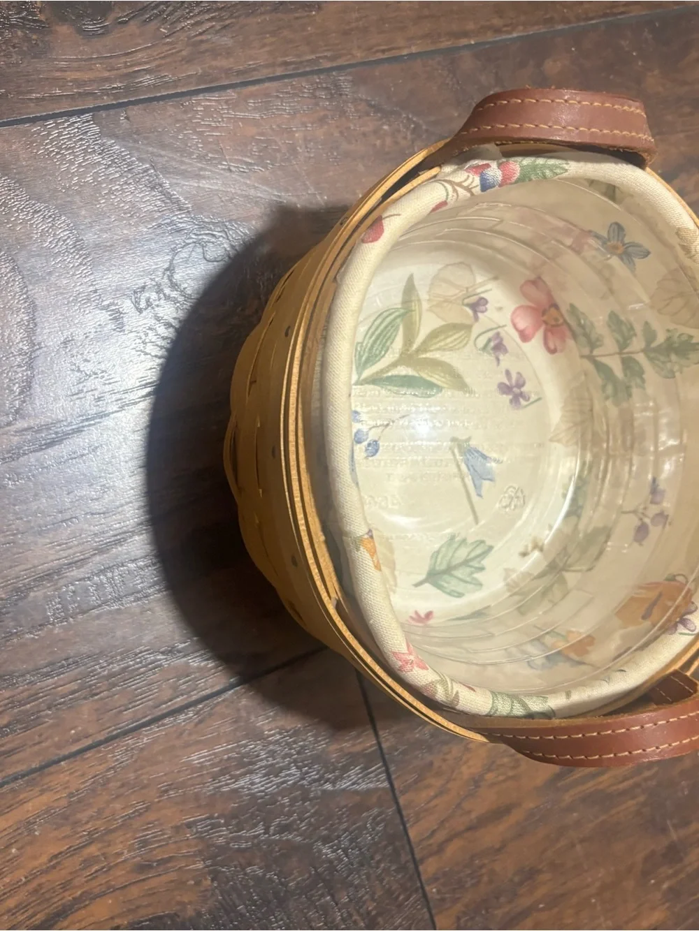 Longaberger Brown Wood Basket with Floral Cream‎ Liner. Button basket